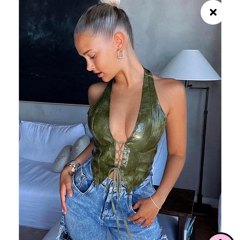 Pretty little thing Olive Washed Faux Leather Lace Up Plunge Halterneck Top